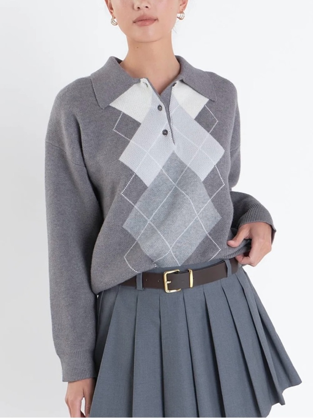 English Factory Grey Argyle Knit Sweater Polo Top